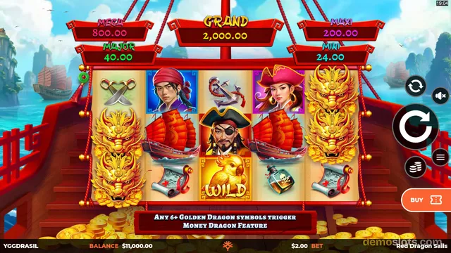 A bright, fully rendered 5-reel slot game set on a red pirate ship with a tropical background, showing a grid of symbols including golden dragons, pirates, and ships.