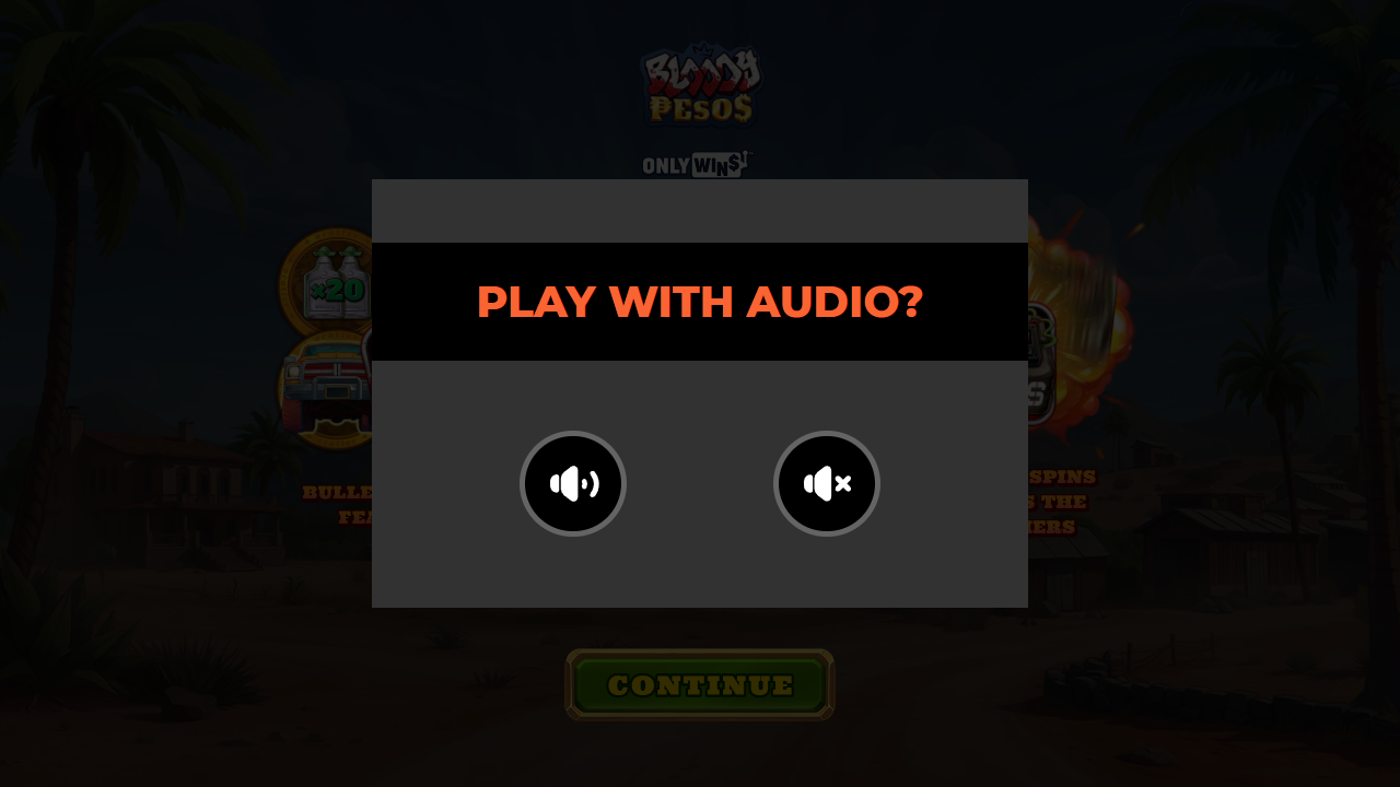 A dark overlay covers the slot game with a centered dialog asking 'PLAY WITH AUDIO?' and two circular buttons for sound on or off, plus a CONTINUE button below.