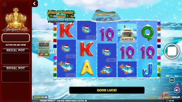 A slot game grid with festive fish symbols and letters, with a jackpot sidebar on the left and a Good Luck message at the bottom.