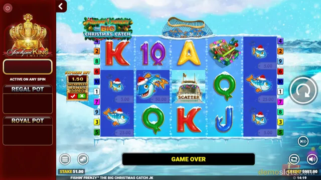 A 5x4 slot grid with Christmas-themed fishing symbols, showing a GAME OVER banner at the bottom.