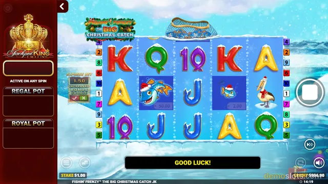 A 5x3 slot game grid with festive fishing-themed symbols set against an icy background.