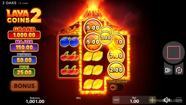 A screenshot of the slot game Lava Coins 2 showing a settled grid with a win total of 19.00 displayed as floating coins.