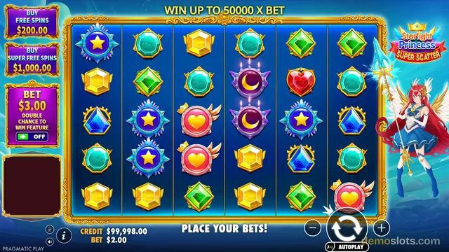 A brightly rendered slot game grid displays a 6x5 layout of gem and icon symbols on a blue background, with a red-haired winged character on the right and bet controls on the left.