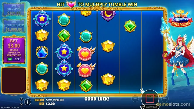A slot game screen showing a 6-reel grid with colorful gem symbols and a winged female character on the right side.