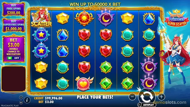 A brightly lit 6x4 slot game grid displays various symbols including gems, hearts, and a scatter character, flanked by bet controls on the left and a large illustration of a winged princess on the right.