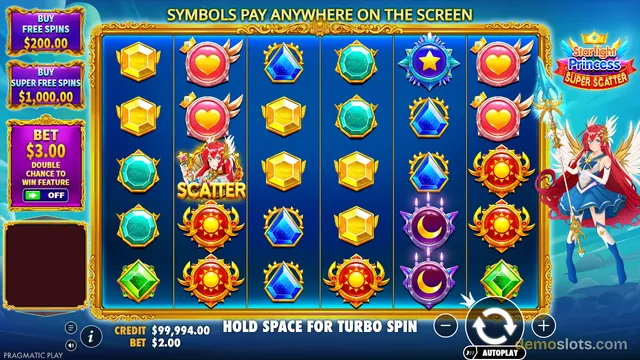 A 6x5 slot game grid displays various gem and celestial symbols on a blue background, with a fairy character on the right and buy feature buttons on the left.