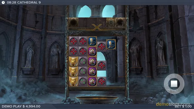 A dark gothic slot game titled CATHEDRAL 9 shows a 5x5 grid of stone tiles with symbols like red crosses, golden owls, and purple orbs, set inside a stone cathedral with statues and mist.