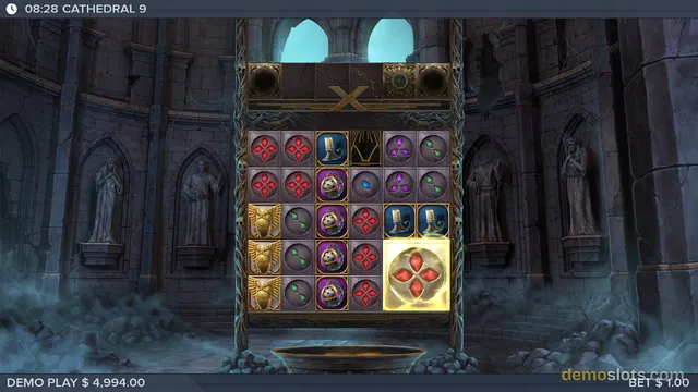 A 5x5 grid of slot symbols sits within a dark stone cathedral setting, with a highlighted golden symbol in the bottom-right cell.