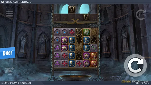 A 5x5 slot grid with gothic symbols sits in a stone cathedral, with a spin button and demo balance displayed.