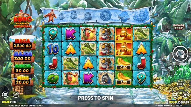 A brightly colored slot game grid featuring a Christmas-themed jungle setting with various animal and playing card symbols.