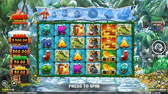 A 6x4 grid slot game featuring Christmas-themed jungle animals and a snowy background with a 'Press to Spin' prompt at the bottom.