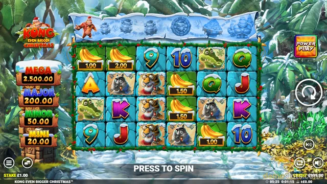 A slot game screen titled Kong Even Bigger Christmas displays a 6x4 grid of symbols with a snowy jungle background and a 'Press to Spin' prompt at the bottom.