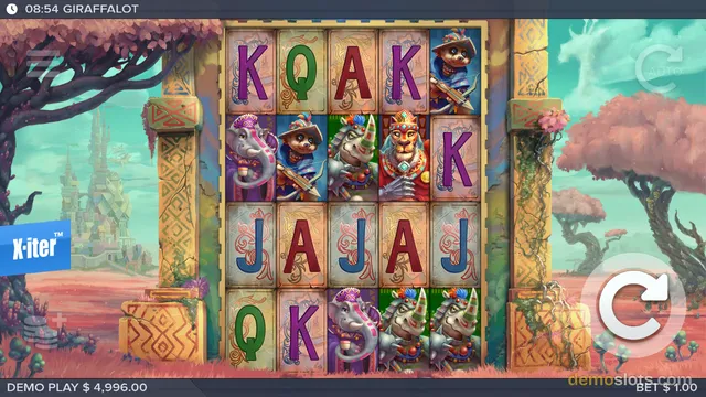 A 5x4 slot game grid titled GIRAFFALOT displays colorful animal and letter symbols against a pink and teal fantasy landscape.