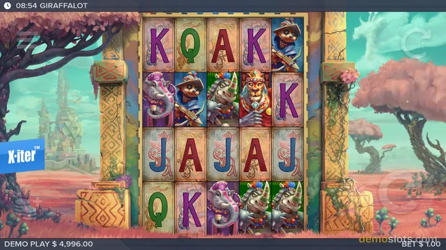 A slot game titled GIRAFFALOT shows a 5x4 grid of symbols including letter tiles and character symbols, with a demo play balance of $4,996.00.
