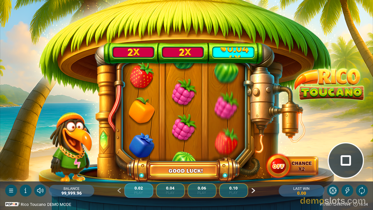 A bright, fully rendered tropical-themed slot game showing a 3x3 grid of fruit symbols inside a wooden hut with a toucan character beside it.
