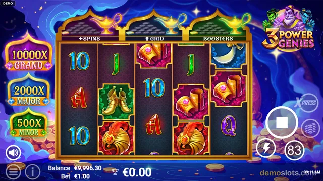 A fully rendered slot game screen for 3 Power Genies showing a 5x3 grid of symbols and a balance of €9,996.30.