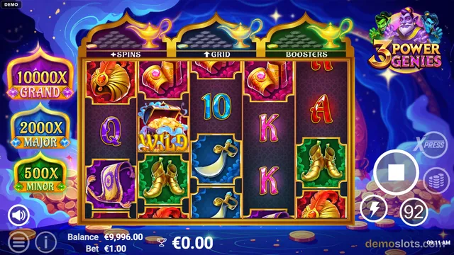 A brightly lit screenshot of the 3 Power Genies slot game displaying a 5x3 reel grid with various symbols and a balance of €9,996.00.