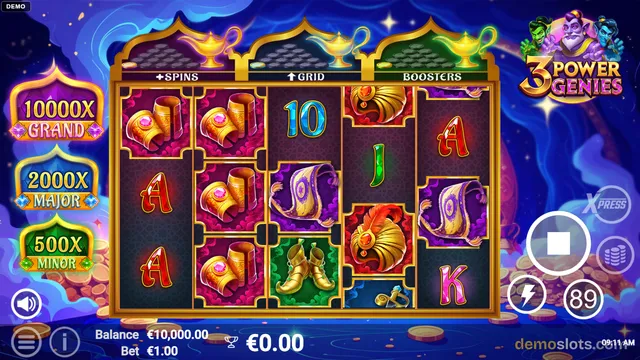A slot game screen titled 3 Power Genies showing a 5x3 grid of symbols with a balance of 10,000 euros and a bet of 1 euro.