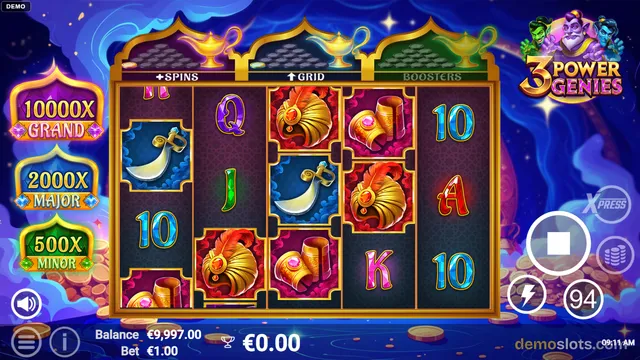 A slot game screen titled 3 Power Genies displays a 5-reel grid with various symbols including swords, rings, and playing card values, set against a blue magical background.