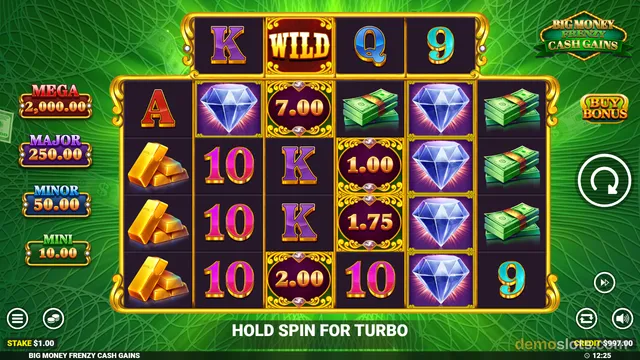 A slot game grid showing symbols including diamonds, gold bars, cash stacks, and playing card letters, with jackpot values listed on the left side.