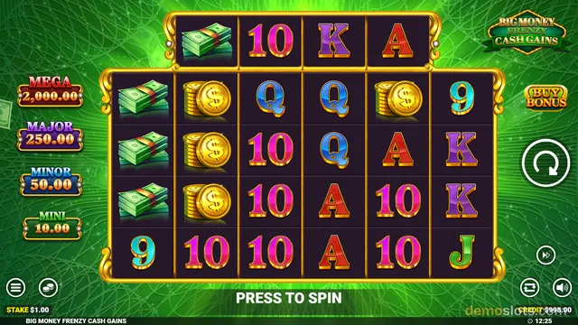 A slot game grid showing stacks of cash and gold coins alongside playing card symbols, with a green background.