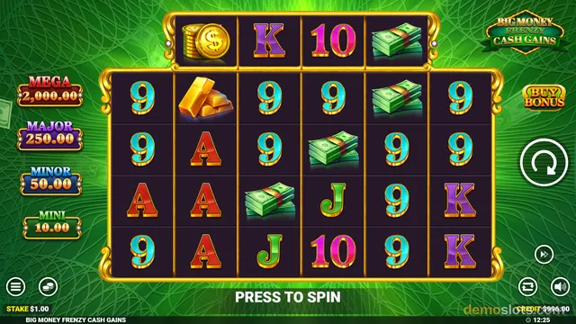 A slot game grid with a top row of four symbols above a 5x4 reel area, showing letters and money-themed symbols, with a PRESS TO SPIN button and jackpot labels on the left.