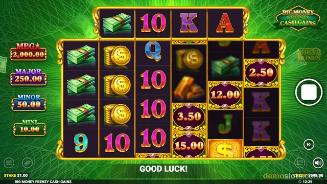 Base game of Big Money Frenzy Cash Gains with a 5-column reel grid, jackpot ladder on the left, and a GO button on the right.