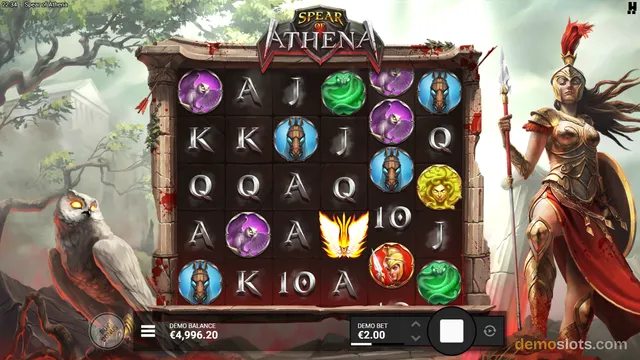 A slot game grid titled Spear of Athena shows a 6-reel layout filled with symbols like card letters and various mythological icons, with an owl on the left and a warrior woman on the right.