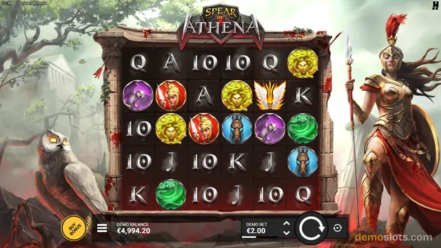 A 6x5 slot grid titled Spear of Athena displays a mix of letter symbols and themed icons, with an owl on the left and a warrior woman on the right.