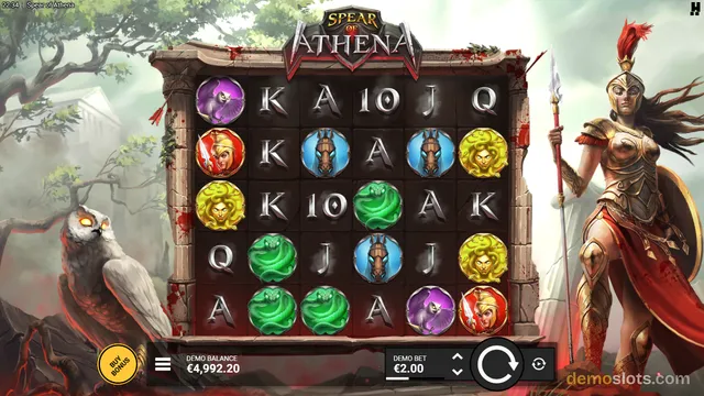 A 5x4 slot game grid titled Spear of Athena displays a mix of Greek-themed symbols and playing card letters, with a large warrior woman standing to the right of the reels.