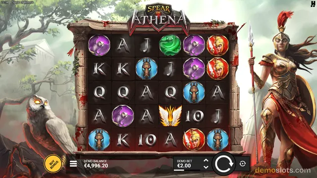 A slot game titled Spear of Athena displays a 5x4 reel grid with Greek mythological symbols including a warrior goddess, owls, snakes, and horses, set against a backdrop of an owl and a spear-wielding warrior.