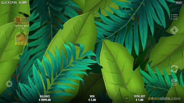 A dense jungle-themed slot game screen showing only large green leaves and ferns, with game title and bet indicators overlaid.