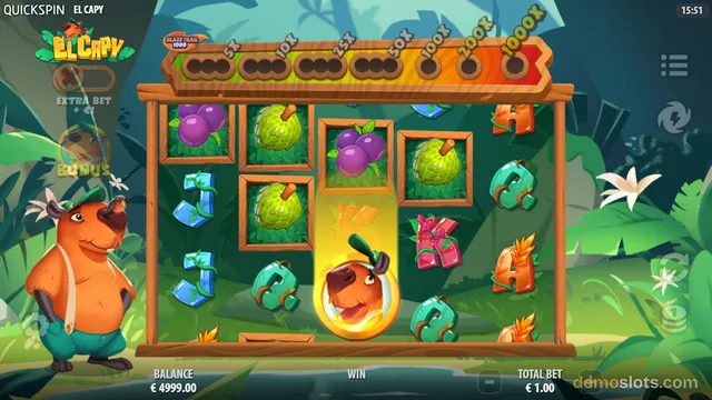 A jungle-themed slot game called El Capy shows a 5x3 grid of fruit and animal symbols with a capybara mascot on the left and a multiplier ladder above the reels.
