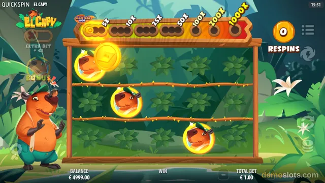 A jungle-themed slot game titled El Capy shows a 3x3 grid with three capybara symbols, a wooden multiplier ladder above, and a cartoon capybara character standing on the left.