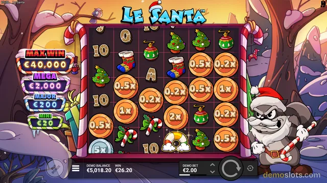 A slot game screen titled 'Le Santa' showing a 5x3 grid of Christmas-themed symbols with a grumpy Santa character on the right.