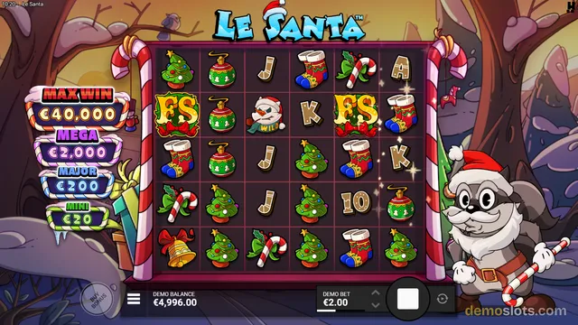 A Christmas-themed slot game interface featuring a raccoon dressed as Santa Claus and a 6x5 grid of holiday symbols.