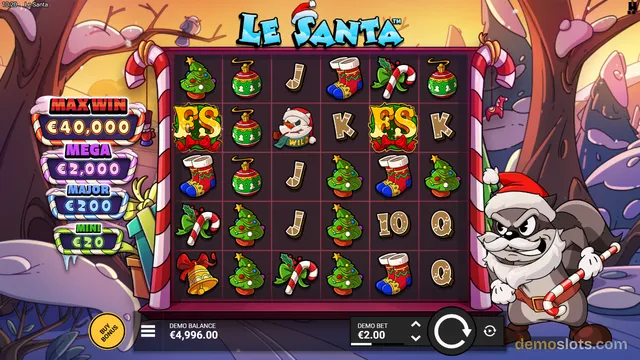 A settled 6x5 grid of Christmas-themed symbols is displayed in a bright, fully rendered slot game interface titled 'Le Santa'.