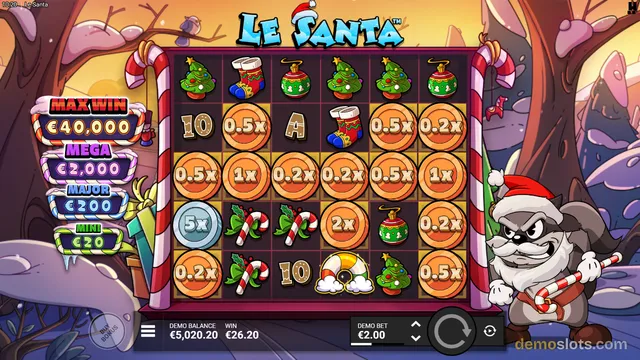 A screenshot of the Le Santa slot machine game showing a 6x4 grid of Christmas-themed symbols with a raccoon Santa character on the right.