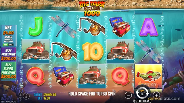 A 5x3 slot game grid showing fishing-themed symbols including a red truck, a dragonfly, a fishing rod, a tackle box, a fish, and royal letters, with the game title Big Bass Splash 1000 at the top.