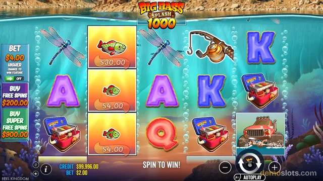 A slot game titled Big Bass Splash 1000 shows a 5x3 grid with symbols like dragonflies, fish, tackle boxes, and letters, with a bet of $4.00 and credit of $99,996.00.