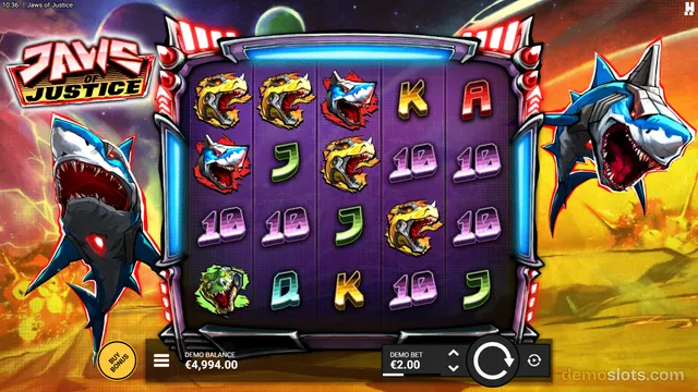 A fully rendered 5x4 grid of the Jaws of Justice slot game displaying a mix of shark and dinosaur heads alongside playing card symbols on a purple background.