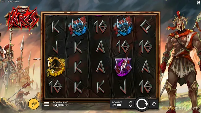 A 5x4 grid slot game with a Greek warrior theme displays a settled combination of card ranks and special symbols.