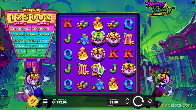 A screenshot of the Donny and Danny slot game showing a 5x4 grid of symbols including cards, cash bags, and characters, with a carnival-themed background.