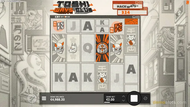 A 5x6 slot grid titled Toshi Ways Club displays a mix of letter symbols and themed icons, with a Hackways multiplier of 324 shown above.