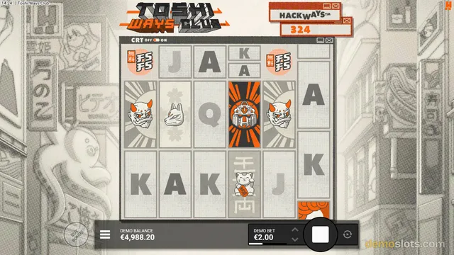 A slot game titled Toshi Ways Club shows a 5-column grid of symbols with a Hackways win of 324 and a demo balance of €4,988.20.