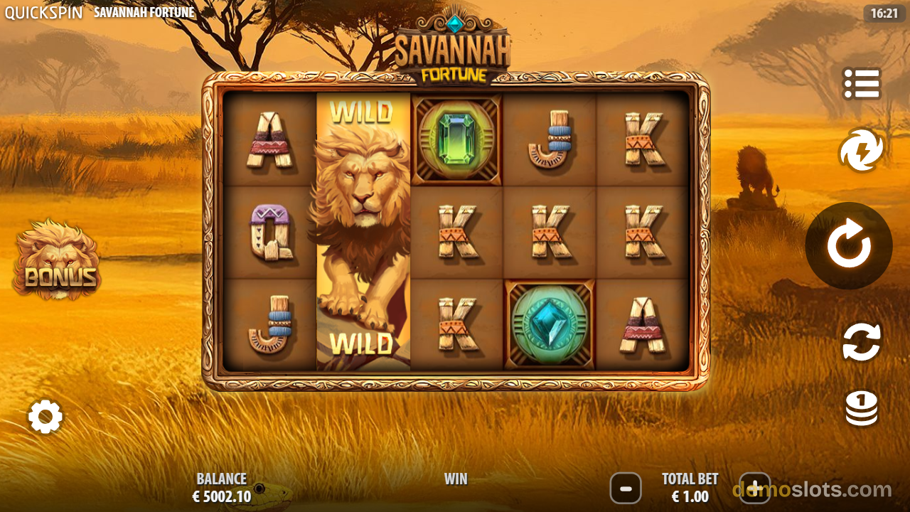 Savannah Fortune slot game showing a 5x3 grid with a lion wild symbol, letter symbols, and gemstones against a savanna background.