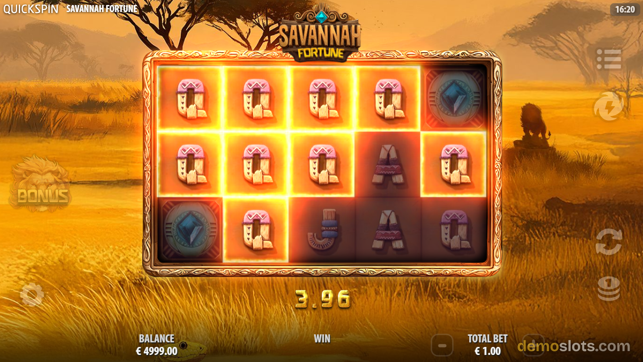 Savannah Fortune slot game shows a 5x3 grid with glowing orange reels on a savanna background, featuring a win of 3.96 euros.