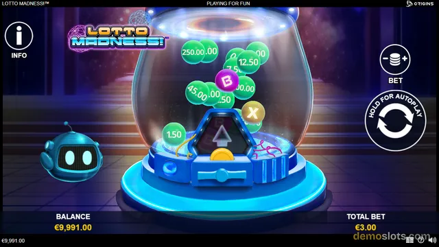 A 3D-rendered slot game screen showing a large transparent lottery ball machine filled with floating green balls displaying currency values, set against a dark purple space-themed background.