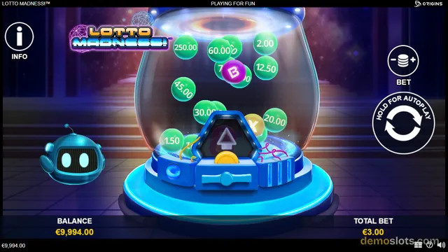 A digital lottery-style slot game called Lotto Madness! features a central glass dome containing floating number balls, set against a dark, futuristic background with a small robot character on the left.