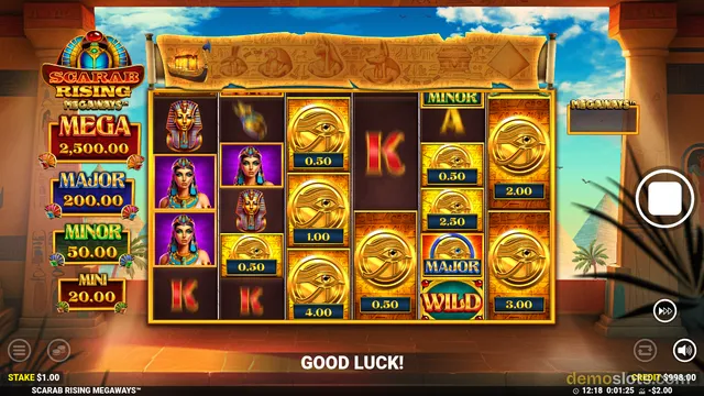 A slot game titled Scarab Rising Megaways is shown with a 6-column grid of Egyptian-themed symbols, jackpot labels on the left, and a 'GOOD LUCK!' message at the bottom.